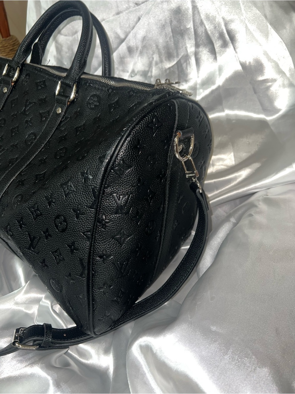 Black Embossed Monogram Duffel Bag with Shoulder Strap - Picture 2 of 3